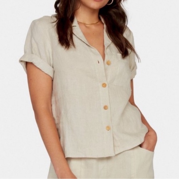 Mate the Label Logan Linen Top Boxy Button Down Short Sleeve Top Small - Picture 6 of 8